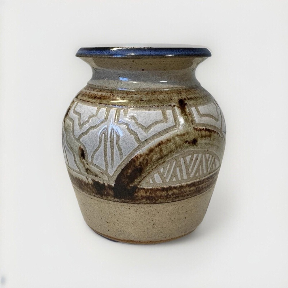 Krause 1986 Signed Studio Pottery Vase Salt Glaze Geometric Stoneware 5"